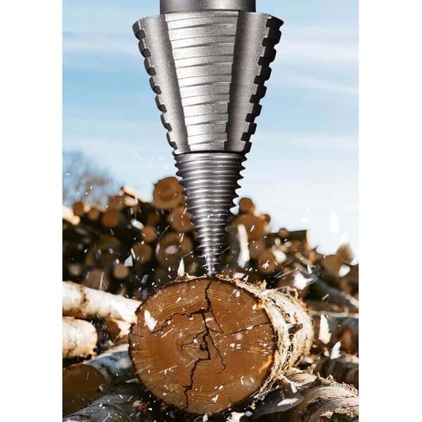 Vedklyvsborr - skruvkonborr i kolstål, stockklyvsborr + rund skaftadapter Drill bit + round shank adapter
