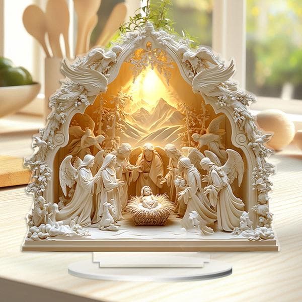 Kunstnerisk 2D Religiøs Julekrybbeskulptur med Base Akryl Skrivebordspynt