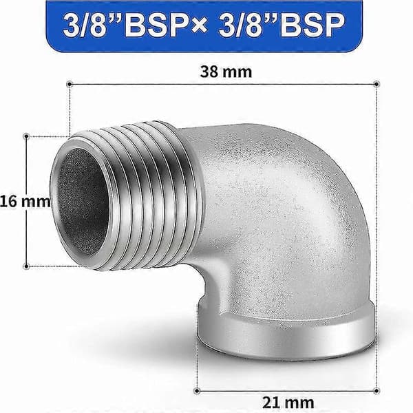 2 stk 304 rustfritt stål 90 graders bøyde koblinger, 3/8\" hann til 3/8\" hunn BSP rørkoblinger