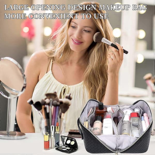 Large Travel Makeup Bag Portable Leather Case with Handle Divider and Flat Style Plaid Design