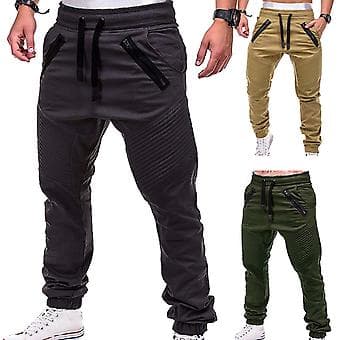 Fianao Drawstring Adjustable Striped Zipper Pockets Outdoor Sports Pants (XL Khaki)