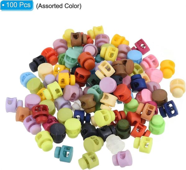 Sladdlås Sorterade, 100-pack Runda Dubbelhål Fjäder Toggle Stopper 14mm för