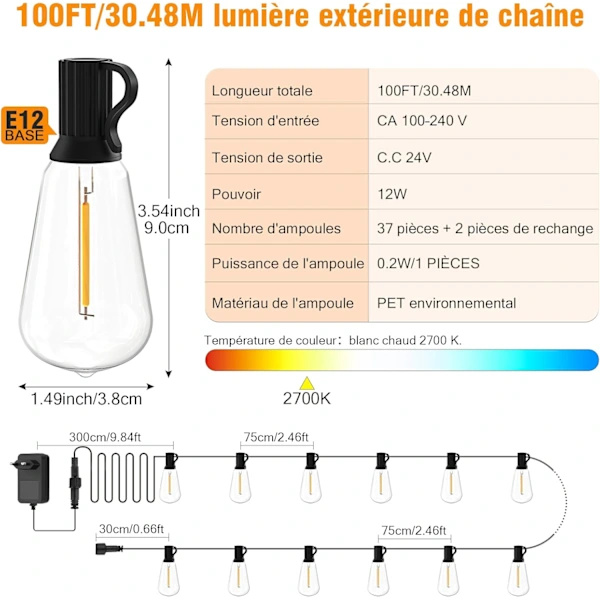 LED Outdoor String Lights - 15M Waterproof Outdoor String Lights Energy Saving Bulbs Plug-in Model