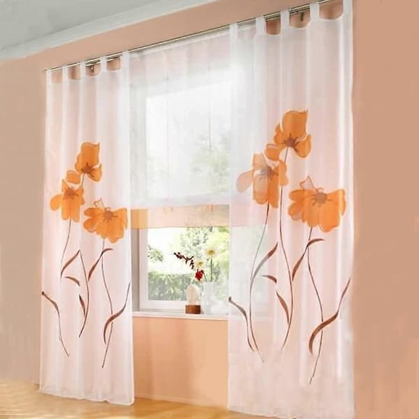 2 stk. håndtegnede blomstertrykk stuegardiner bredde 150cm (høyde 175cm, oransje)