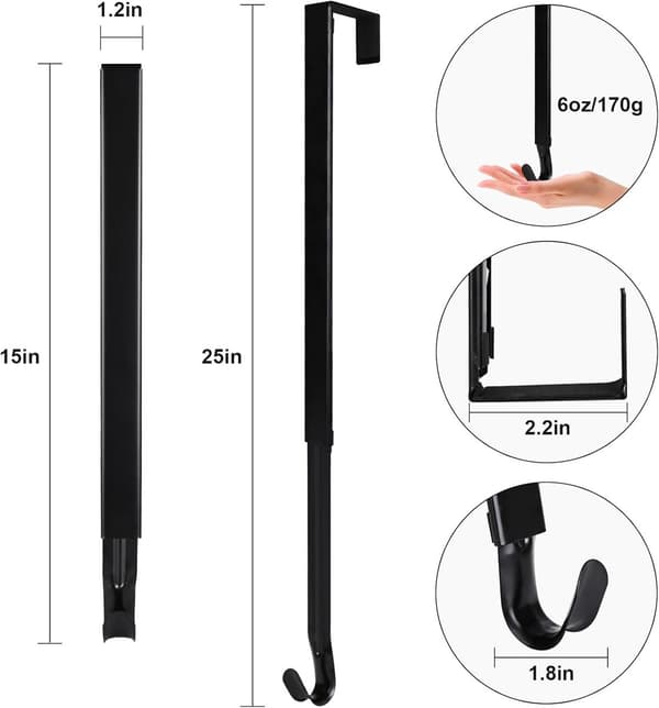 2 Wreath Hooks - Wreath Hanger - Wreath Hook - Telescopic Hook From 38 to 65 cm - Black