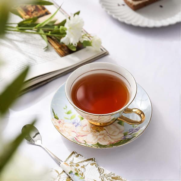 Cup & Saucer Set with Spoons, Champagne Rose on Blue Patterned Bone China 3-Piece Set Ceramic Tea Coffee Cup