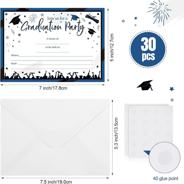 30 stk invitasjonskort til konfirmasjonsfest, blå svart blå - Blue Black