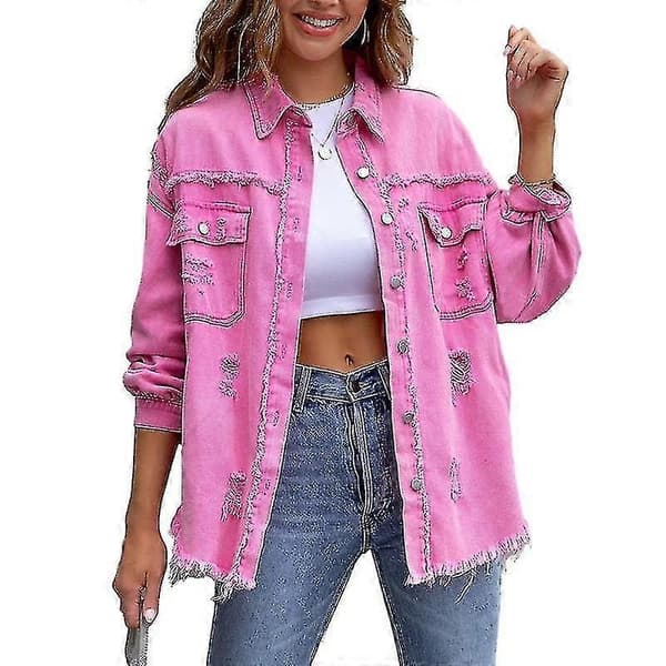 Oversized Damjeansjacka, Sliten och Trasig Rosa XL Pink XL