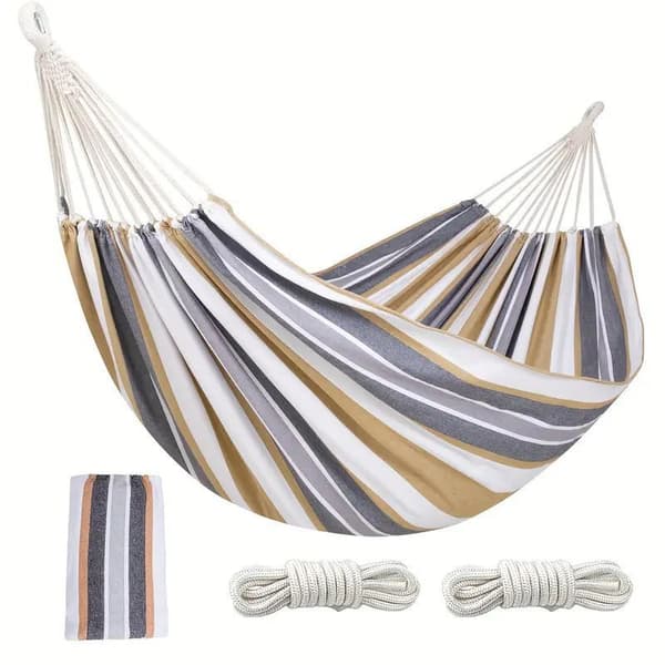 Outdoor Camping Hammock, Includes Hanging Ropes and Storage Bag, Canvas, Coffee Brown, 260 x 80 cm