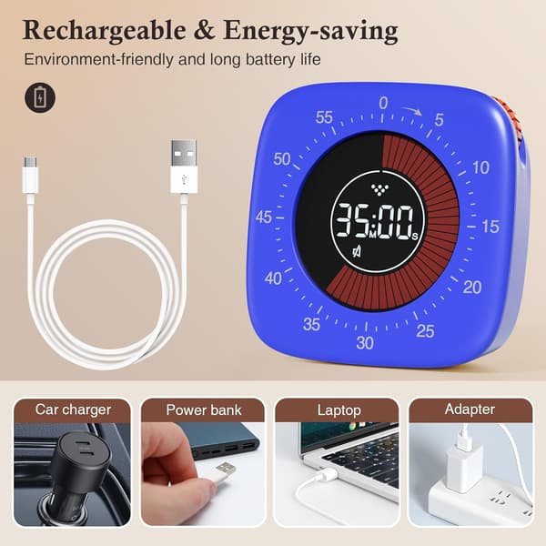 Oppladbar visuell timer (blå), digital timer med 4 alarmmoduser