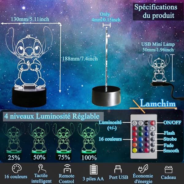 Stitch Lampe 3D Manga LED Nattlampe, Stitch Sengelampe Nattl
