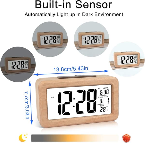 Simple Digital Wooden Alarm Clock with Temperature, Digital Alarm Clock, Date, Backlight, Snooze, for Bedroom, Bedside Table, Home, Office, Silent