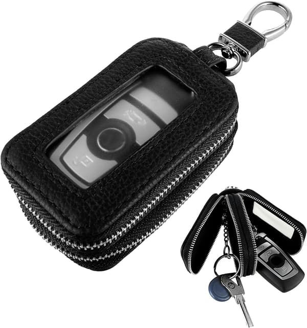 Universal Double-Layer Genuine Leather Car Key Case with Keychain and Carabiner, Car Accessories