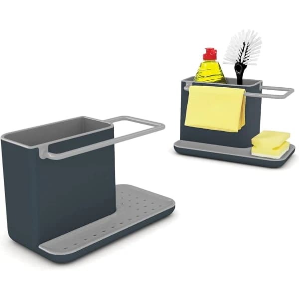 Sink Storage/Organizer with Integrated Drain, Sponge, Brush, Dish Soap, and Dishcloth Holder, Removable, Standard Size, Grey