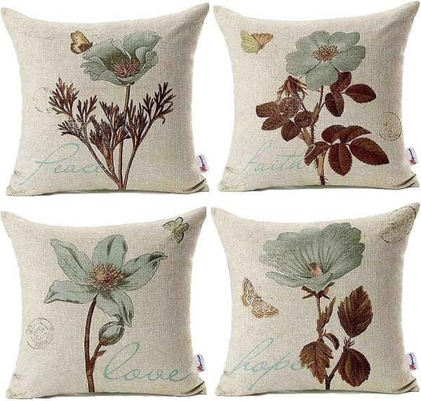 4-pack Kuddfodral 45 x 45 cm, Dekorativa Blommiga Linnékuddfodral för Vardagsrum Sovrum Soffa Säng, Endast Kuddfodral