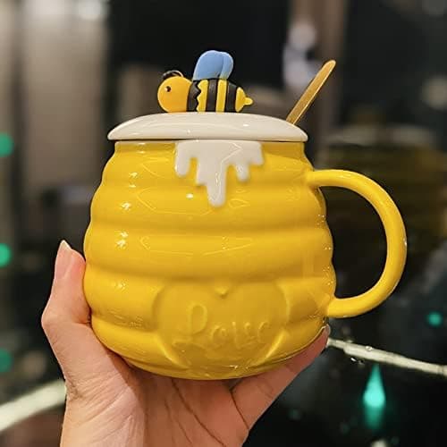 Keramisk mugg bi honungsburk relief kaffe med sked gul-B - Yellow-B