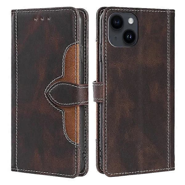 Skin-touch etui med stråhat til iPhone 15, PU læder stander pung telefoncover