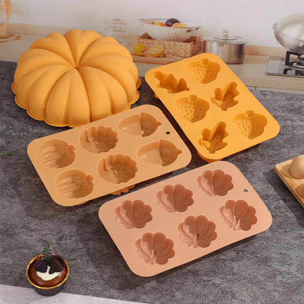 Sæt med 2 3D Halloween Græskar Silikoneforme, 6-Huls Efterårs Slikforme, Bageform, Sæbeform, Græskar Thanksgiving Tema til Muffins