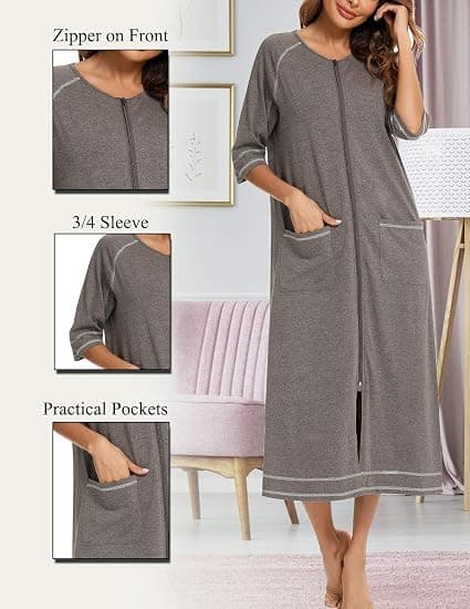 Women's Front Zipper Robe, 3/4 Sleeve, Full Length Pajamas