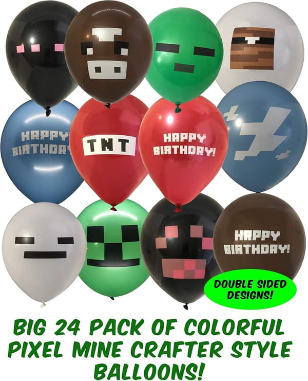 24-pack Pixel Miner Craft Style Gamer Party Balloons - Large
