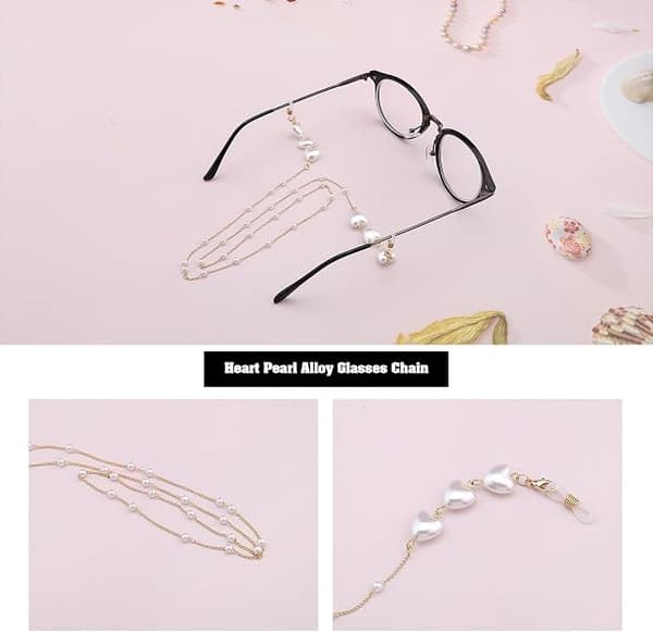 Two-piece set of pearl eyeglass chains (gold and silver), heart-shaped