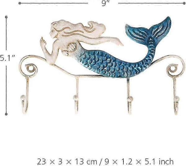 Iron Wall Hook with 4 Hooks, Decorative Wall Hook (Mermaid)