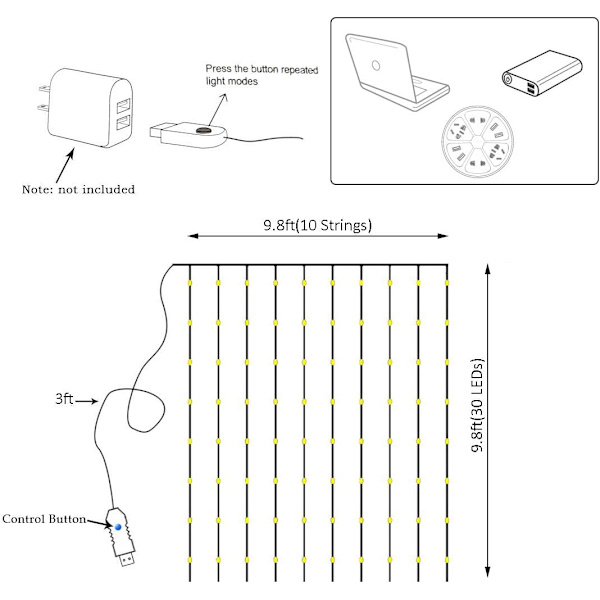9.8ft 300 LED Gardinlys Julelys (Hvit)