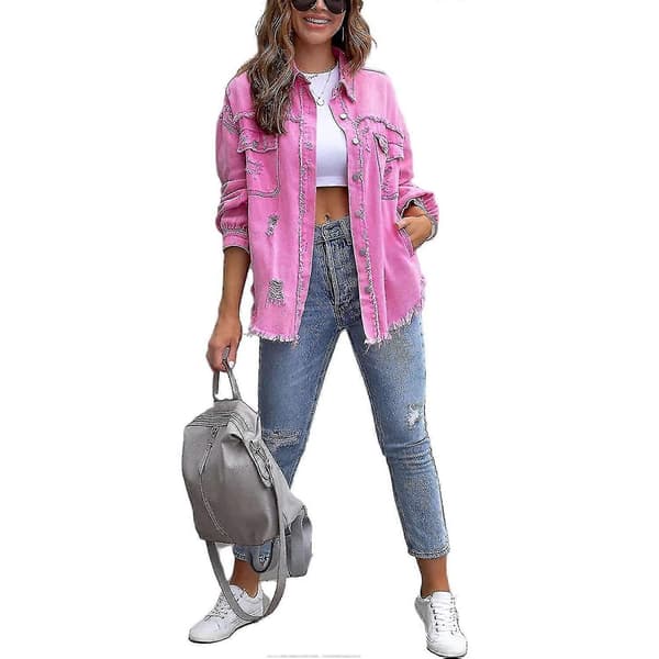 Oversized Jeansjacka för Dam, Sliten och Trasig Rosa S Pink S