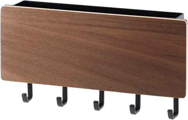Magnetic wall rack with hooks and steel + wooden compartment - Key storage
