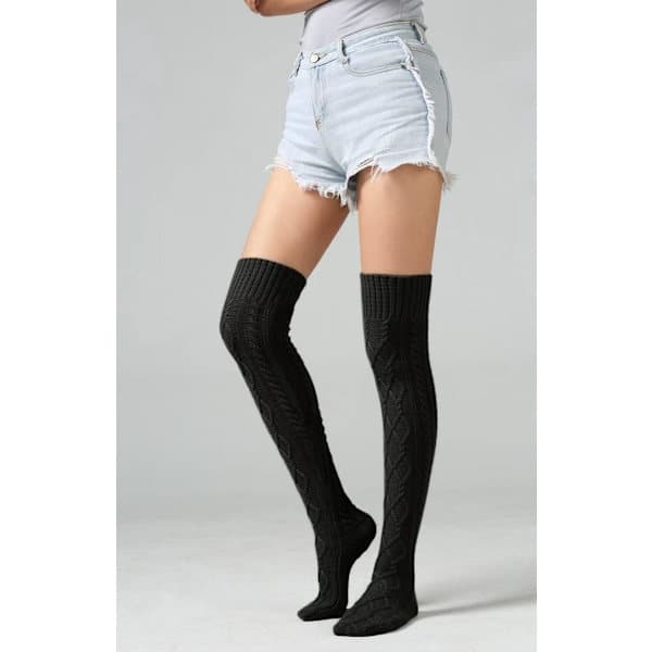 Vinterstrikkede Overknee-strømper for kvinner - Svart - 75cm