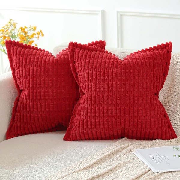 Kuddfodral set om 2 i sammet, dekorativt fyrkantigt randigt örngott med sydda kanter, kuddfodral 50 x 50 cm Red