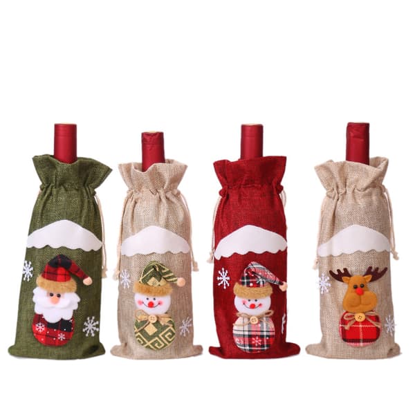 4 stk julepynt i burlap, lin, julenissefigur, rød