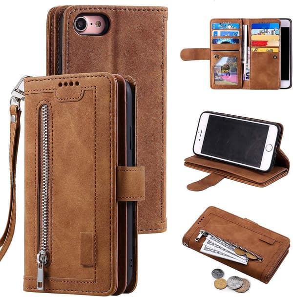 Wallet Case for iPhone SE 2022 5G/iPhone 7/iPhone 8/iPhone SE 2020, 9 Card Slots Zipper Purse Case PU Leather Case - Brown