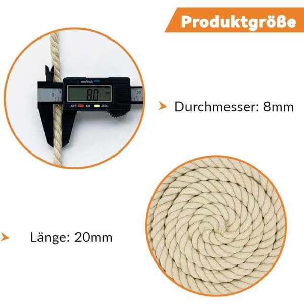Makramérep, Tjockt Rep, Stort Flätat Bomullsrep, 8mm x 20m Beige