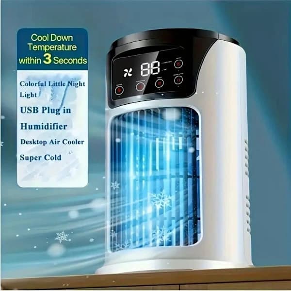 3-in-1 Mini Air Conditioner Fan, Table Fan with Humidifier and Ice Mist, USB, Quiet Cooling