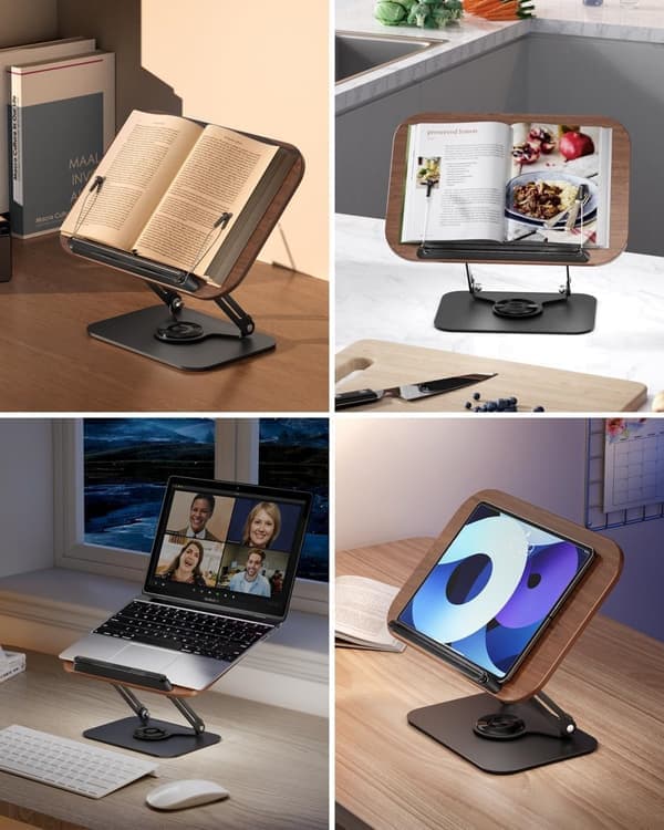 Adjustable Book Stand - 360° Rotating Base, Foldable and Portable - Holds Textbooks, Tablets, and Cookbooks
