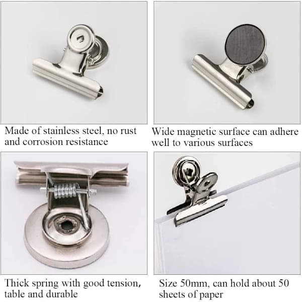 10-pack Bulldog Clip / Steel Clip with Magnet, Silver, M Silver Silver m
