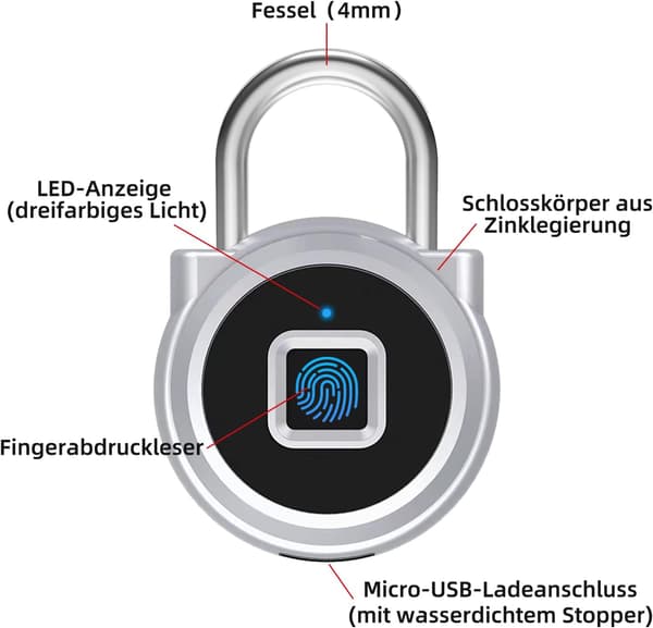 Fingerprint Lock, Combination Lock, Padlock, Lock, Padlock and Phone App, IP65 Waterproof, Smart Lock, Suitcases (Silver, P5)