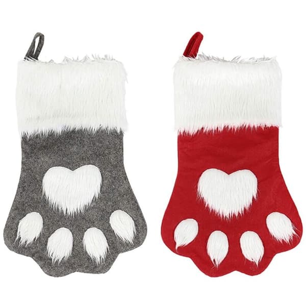 Julestrømper til hunde, plys hængende strømper til ferie- og julepynt (stor / 18 tommer, 2-pak / grå + rød)