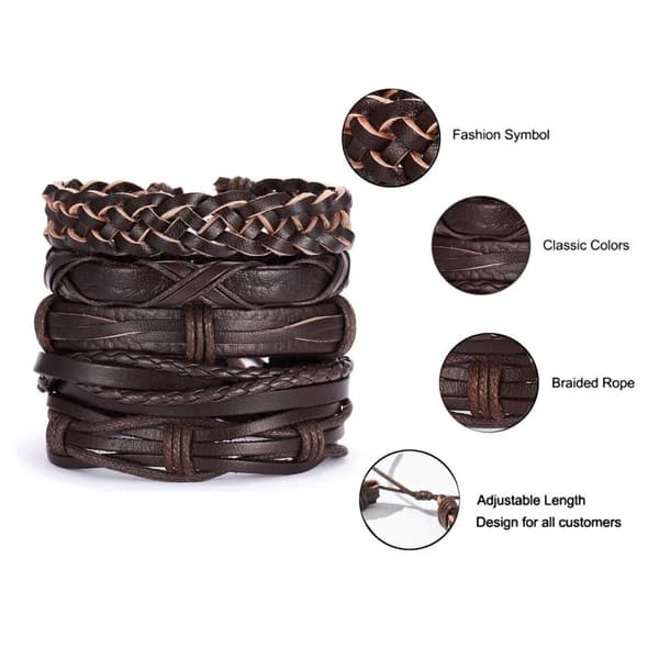 5-pak håndlavede læderarmbånd til mænd, brune