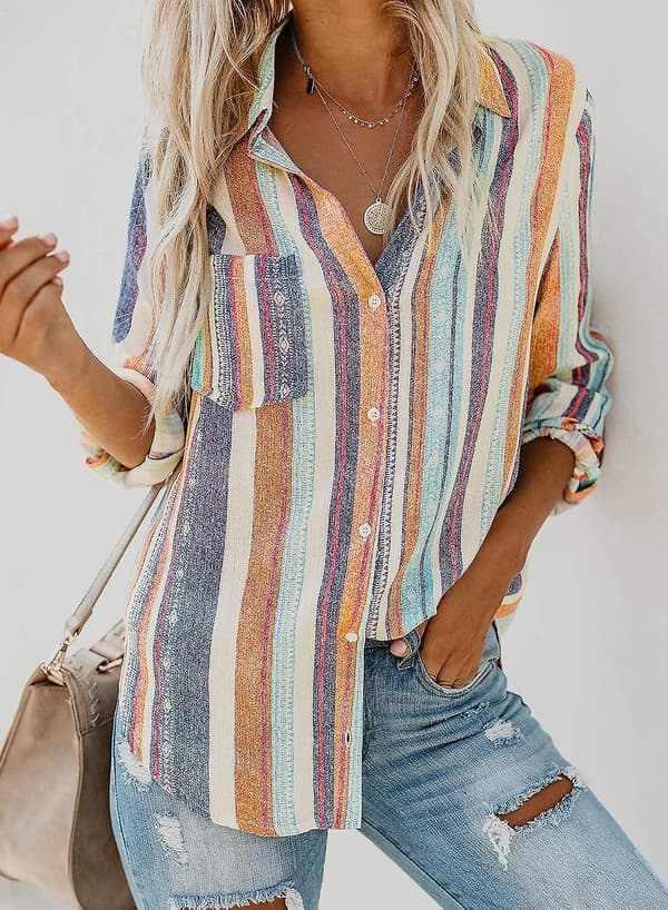 Women's V-Neck Striped Roll-Up Sleeve Button-Down Shirt Top