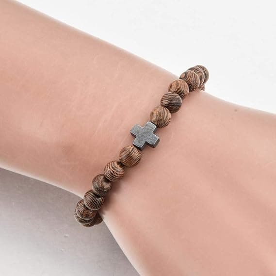 Kristne bønneperler armbånd - Træperler og kors