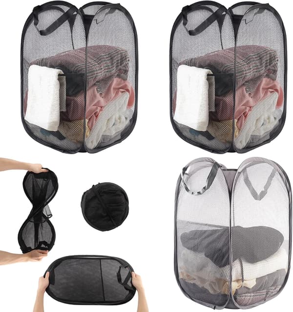 Foldable Laundry Basket Collapsible Pop-Up Hamper Portable Durable For Bathroom Camping Dorm Travel Storage Black 36x36x58 cm 3-pack