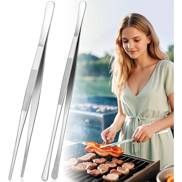 Stekepincett i rustfritt stål, 2-pakning med dobbelspissdesign og sklisikkert grep for grilling, steking og servering, 30 cm