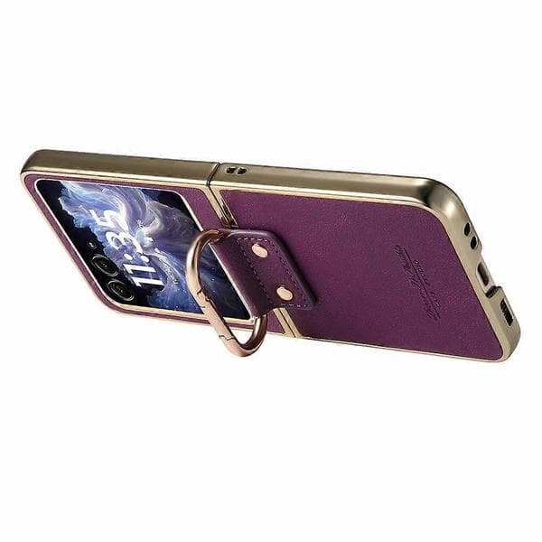 Compatible with Motorola Razr 60 Case Electroplating Leather Coated PC Phone Case with Spring Ring Buckle and Kickstand