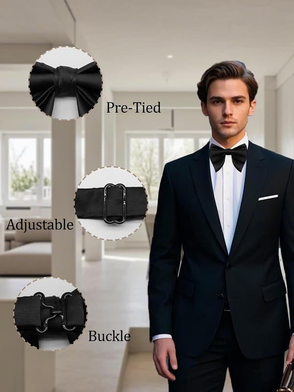 Sorte butterfly til mænd, clip-on, overdimensioneret, forhåndsbundet, justerbar til bryllup, dimission, middag - Black