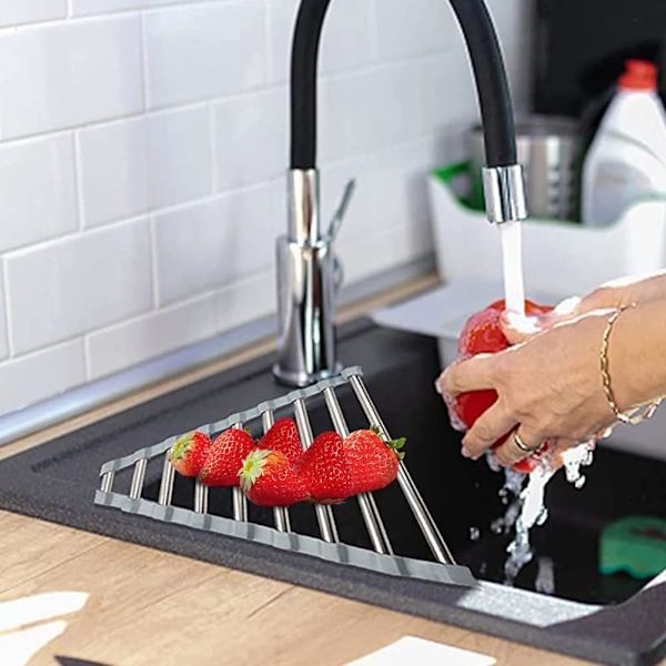 Triangular Roll-Up Dish Drying Rack - Stainless Steel Over Sink Dish Rack - Space Saving Kitchen Organizer for Dishes and Utensils - Grey