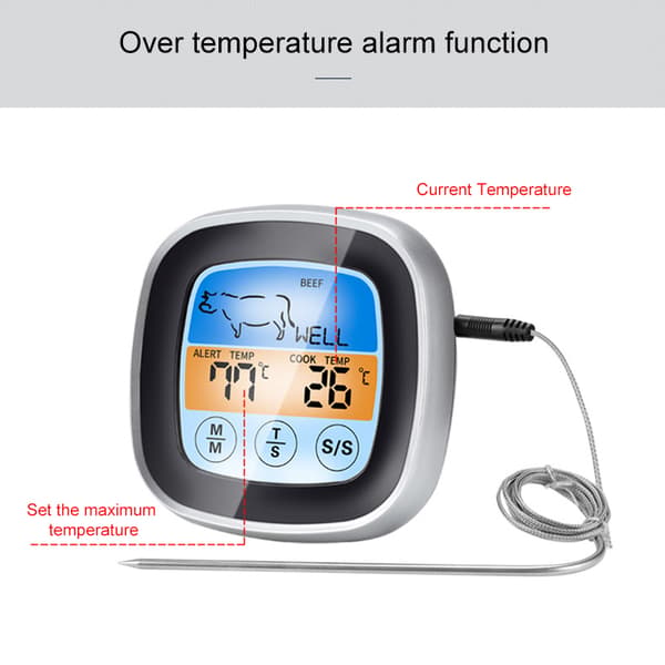 Digital grilltermometer med berøringsskjerm og LED-display, multifunksjonell timer for kjøkken