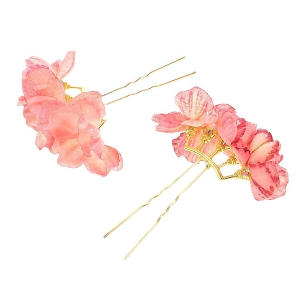 Hanfu hårspænder med silkeblomster og perler, 1 par, lyserød legering, antik stil, til outfits bryllupper -