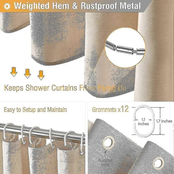 Extra lång 180 x 210 cm beige krämfärgad duschdraperi i linnestruktur av polyester med 12 krokar